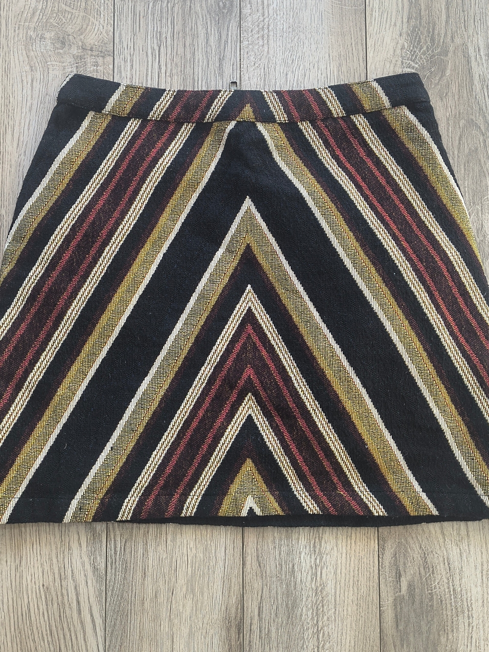 Topshop Black Mini Skirt with Olive & Burgundy Chevron Stripes